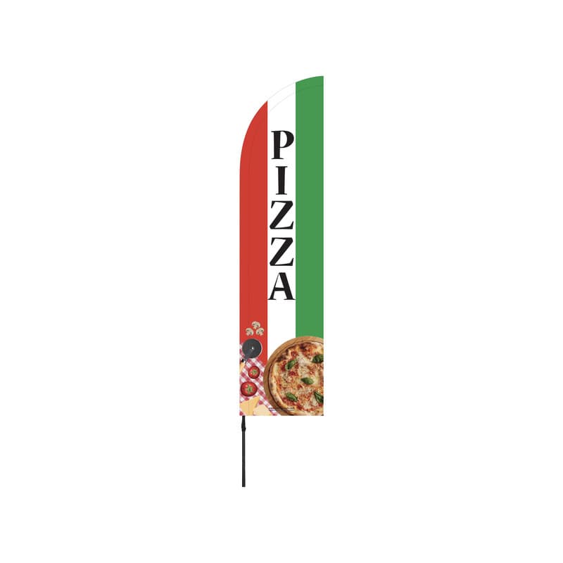 Drapeau publicitaire "PIZZA" de dimensions 255 x 60 cm avec mât