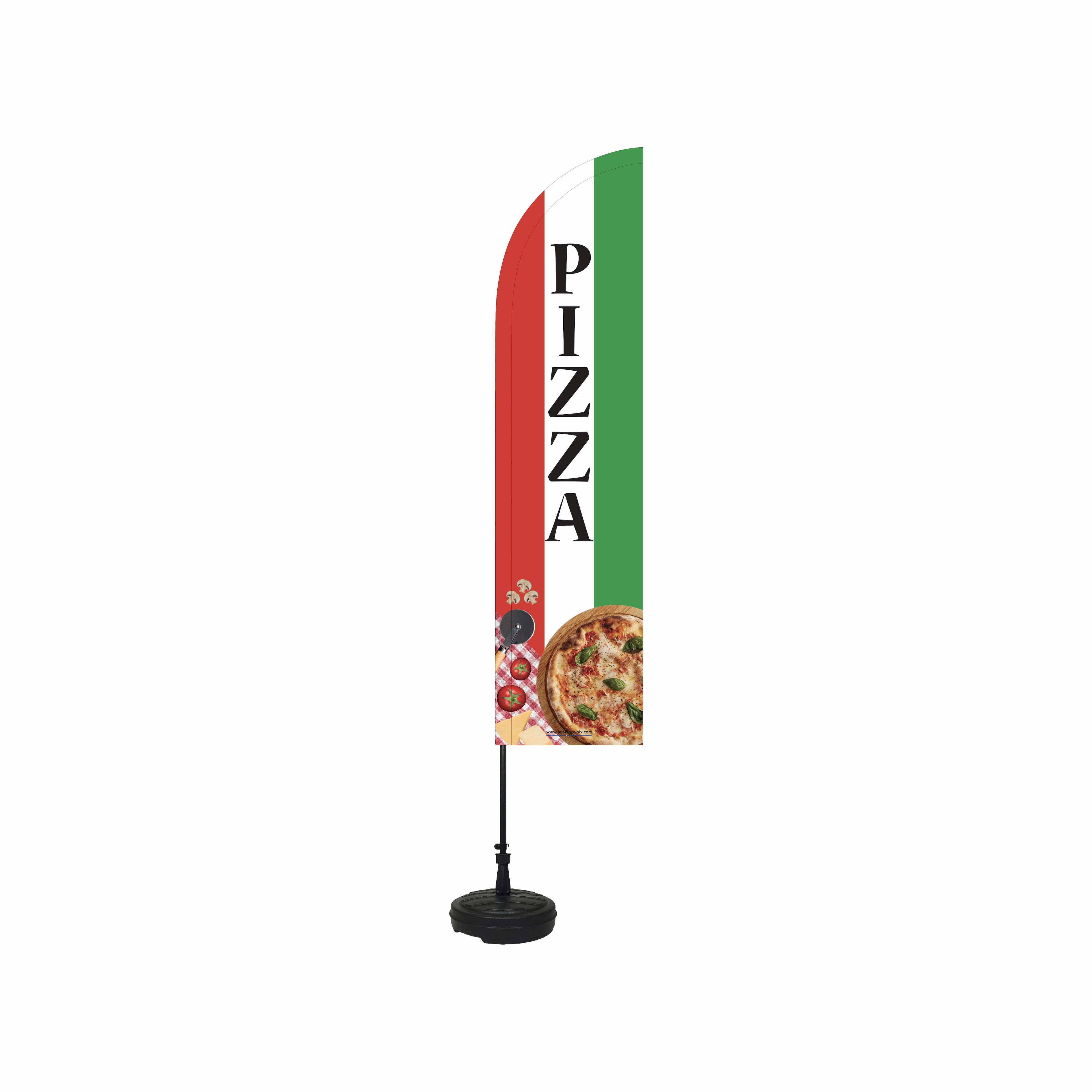 Drapeau "PIZZA" de dimensions 255 x 60 cm avec son kit socle plastique et mât