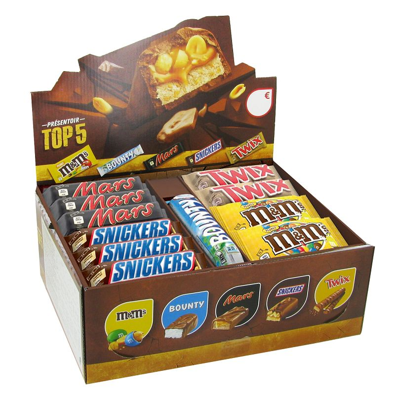 Présentoir top 5 barres chocolatées – mars | twix | snickers | bounty | m&m’s