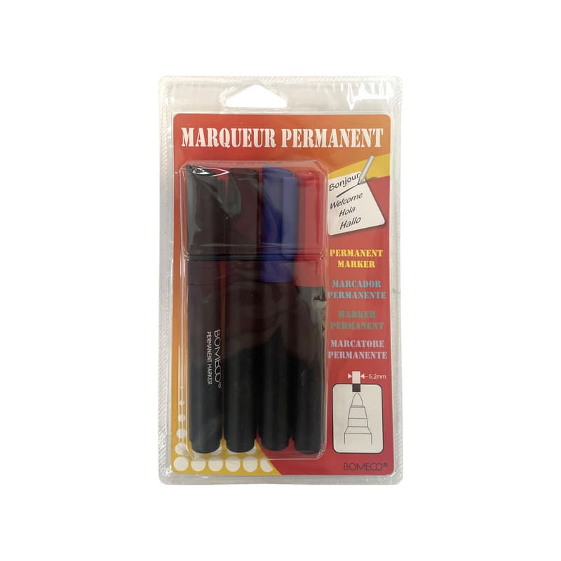 Marqueurs permanents assortis pointe ogive 5,2 mm. Blister de 4 : 1 rouge, 1 bleu et 2 noirs