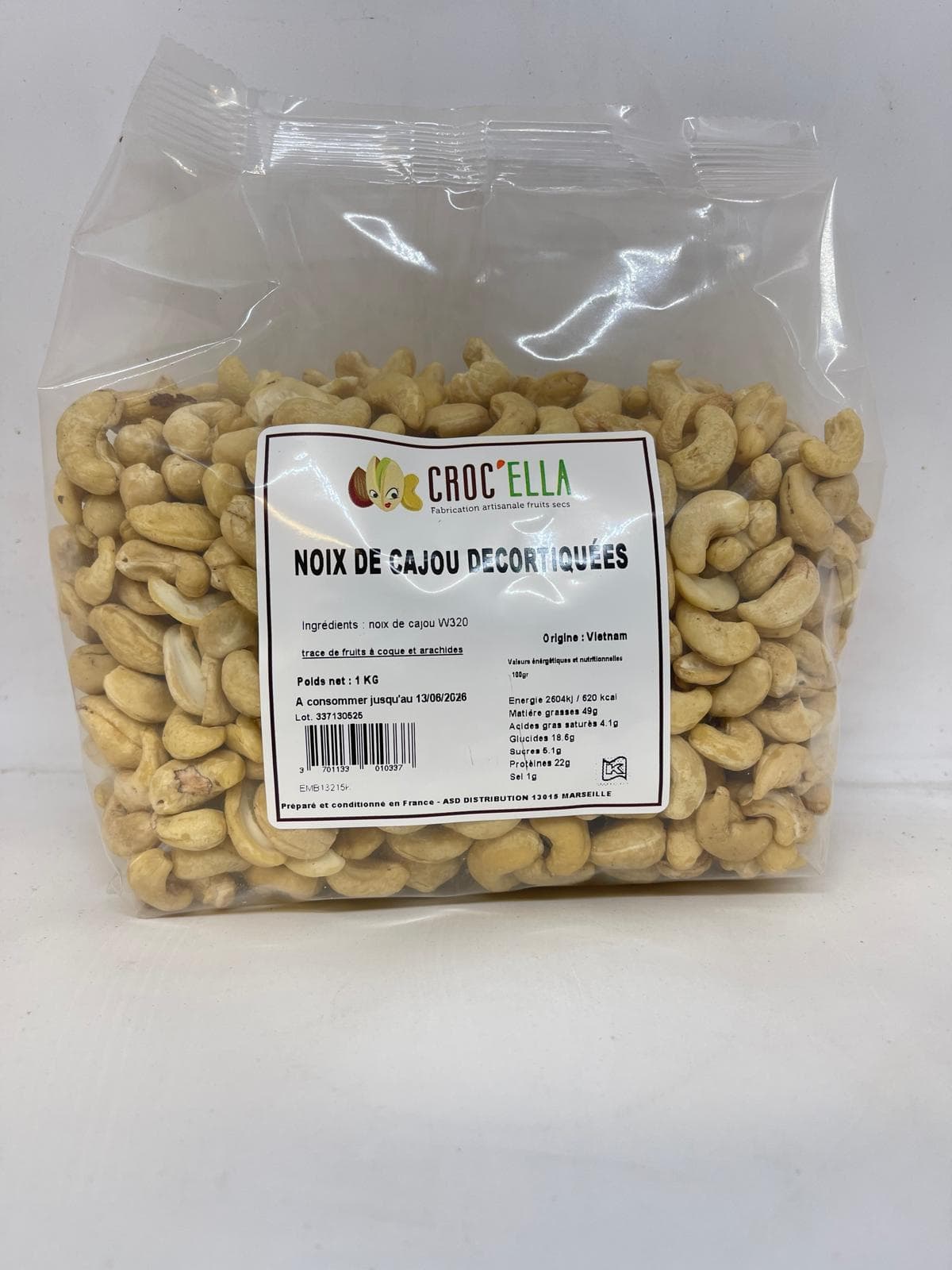Noix de cajou décortiquées, sac de 1kg