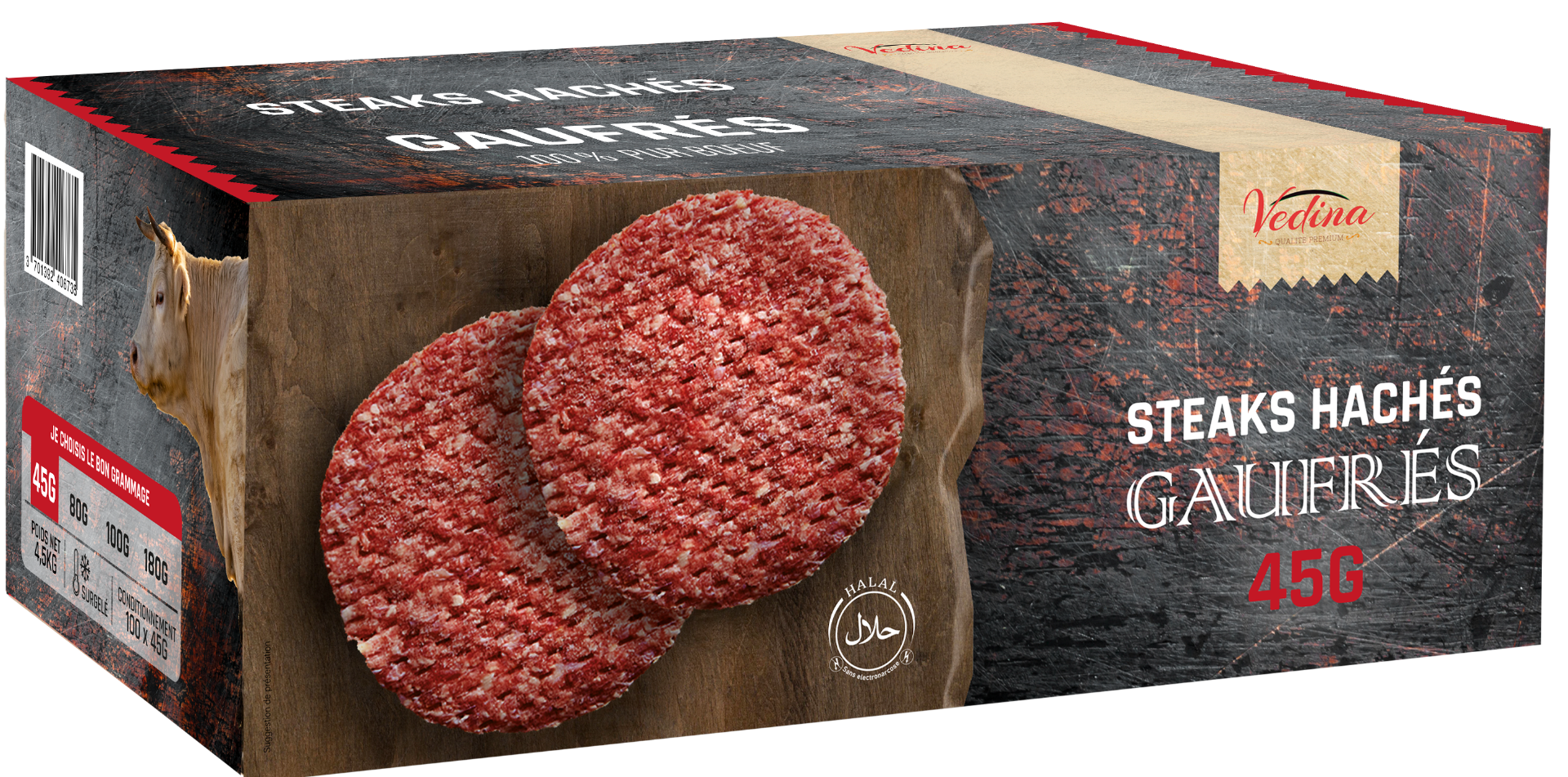 Steaks hachés gaufrés 20% vedina halal 45g x54