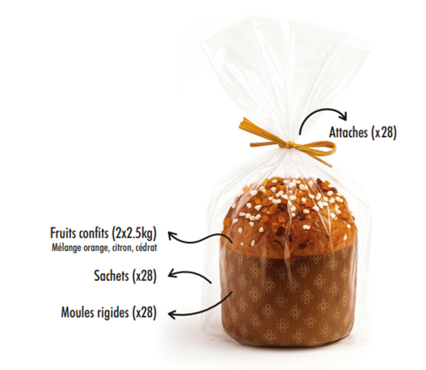 Kit Panettone classique – 28 panettones de 750 g (farine, moules, sachets, attaches & fruits confits)