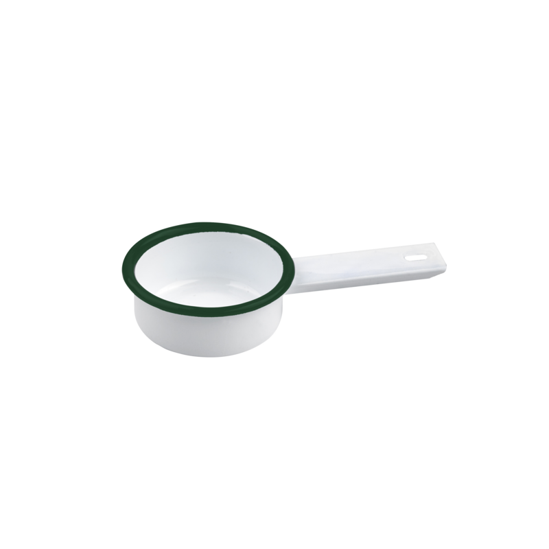 Mini casserole blanche en acier émaillé à bord vert ø 7cm h29mm 50ml, 12pcs