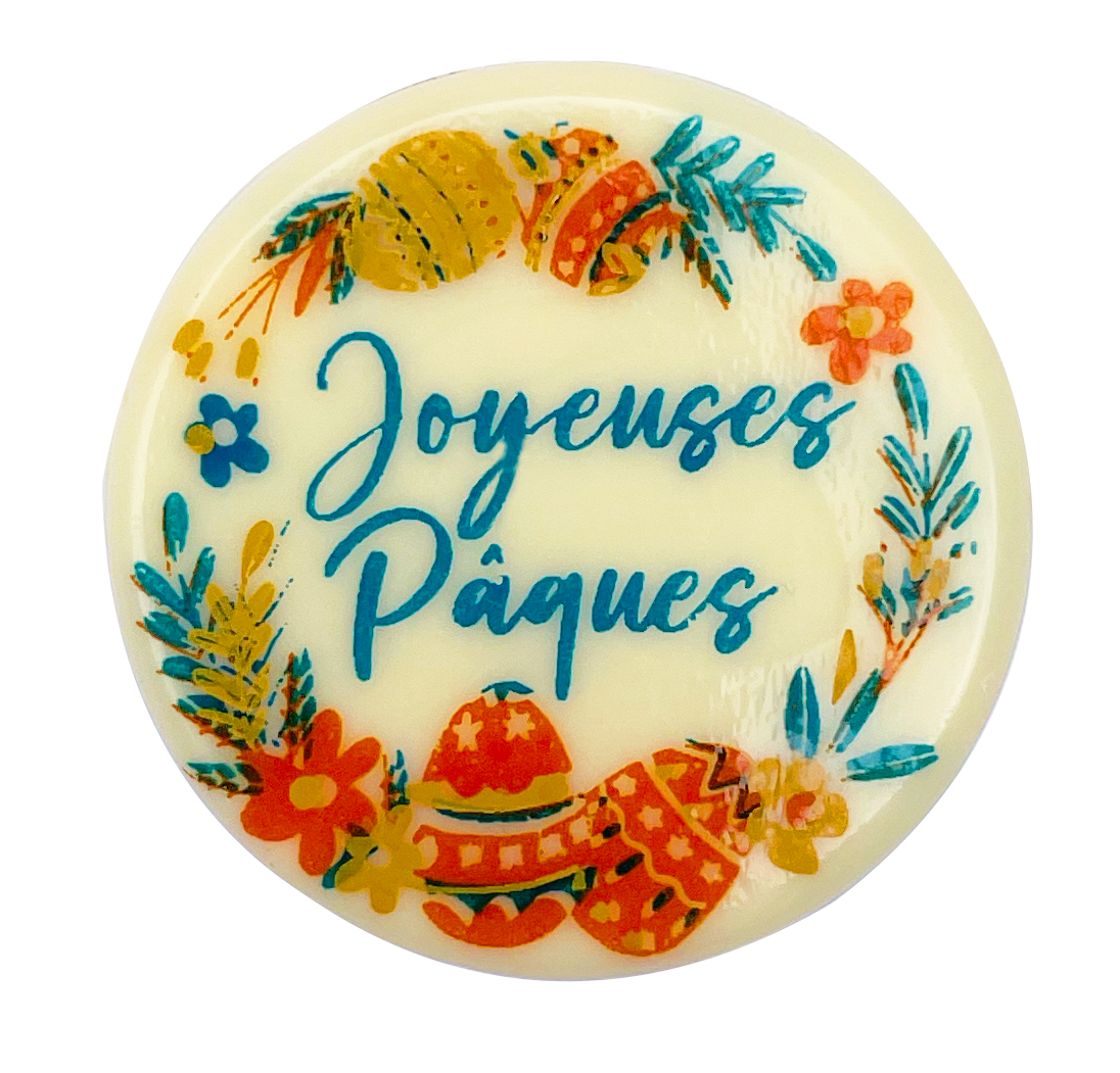 Décor en chocolat "Ronds Joyeuses Pâques" ø40 mm - Chocolat Blanc - Lot de 126 pièces