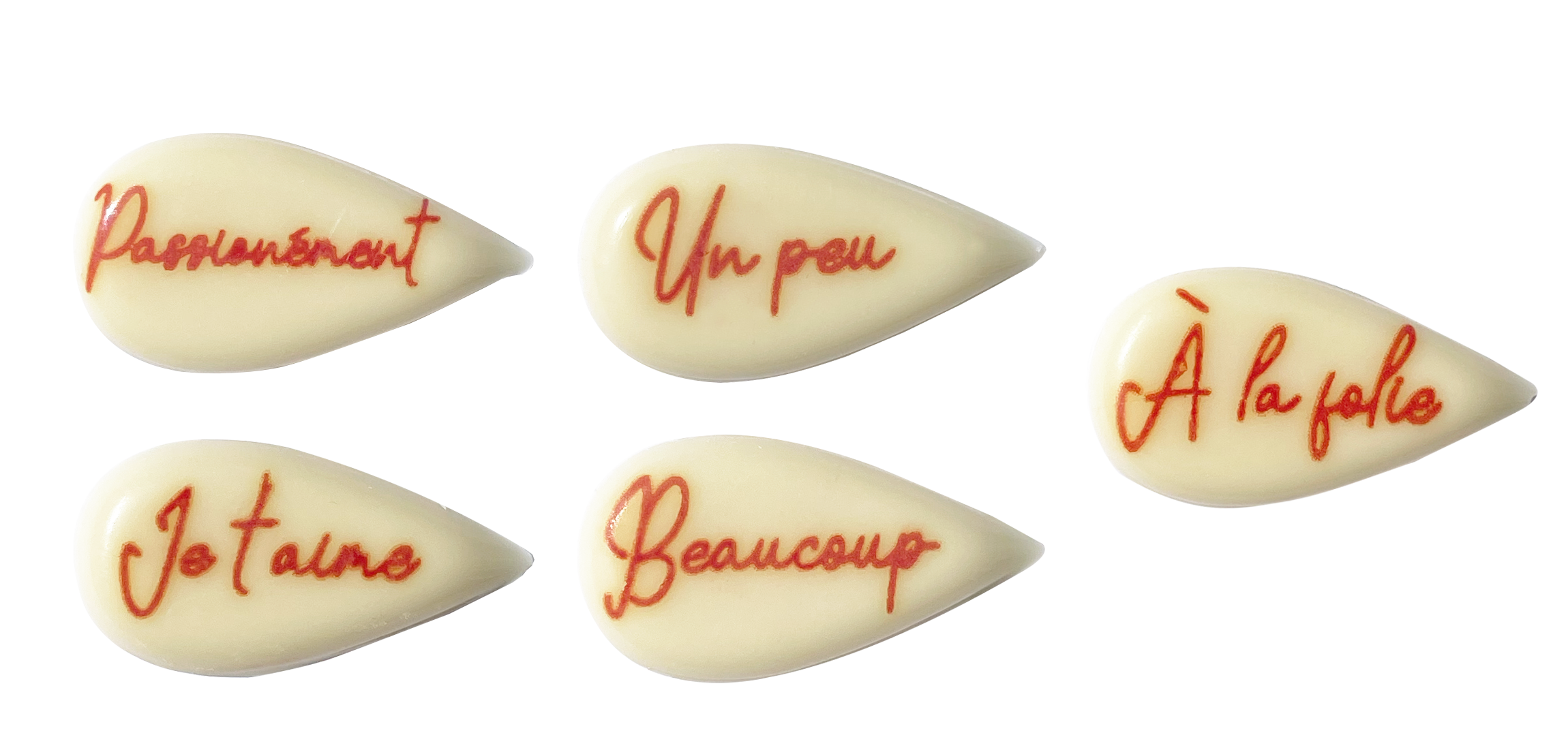 Décor en chocolat "Assortiment gouttes Je t'aime" 15 x 30 mm - Chocolat Blanc - Lot de 260 pièces