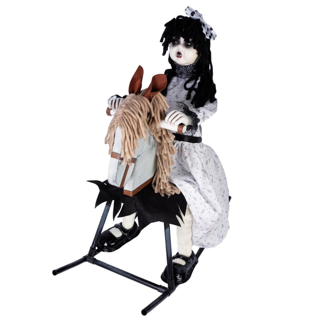 Automate poupée maléfique sur cheval à bascule -animé, sonore, lumineux - 70cm