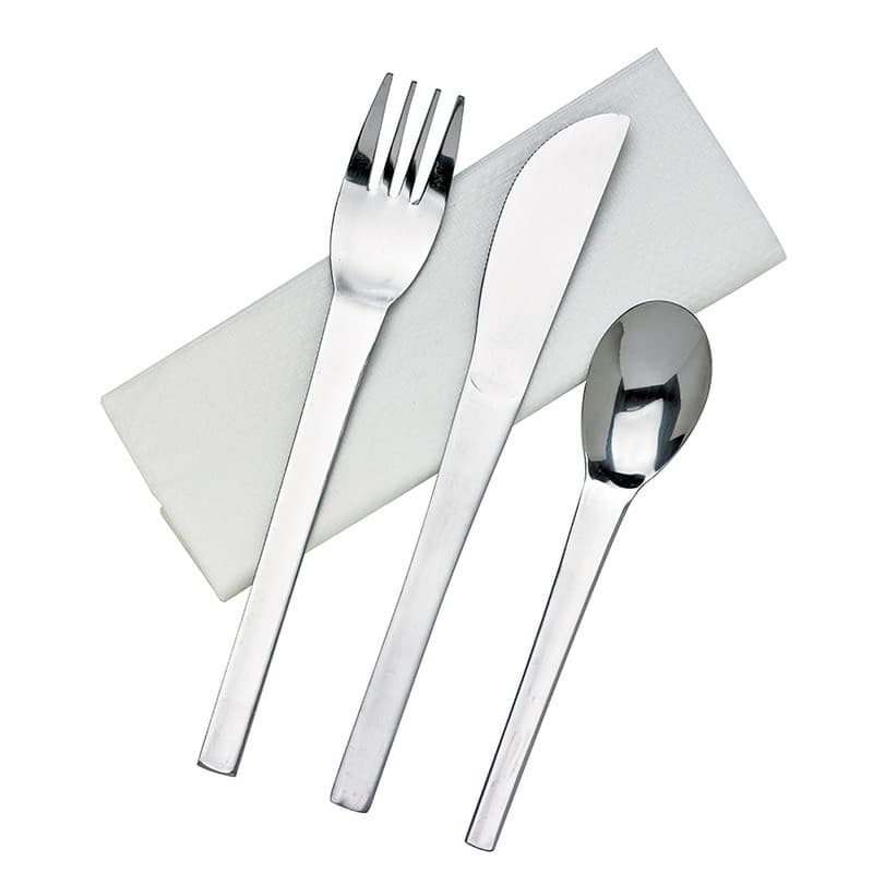 Kit couverts inox 4 en 1: couteau fourchette cuillère serviette h160mm, 50pcs