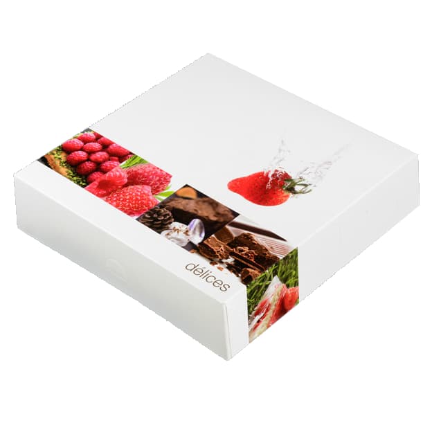 Boîte pâtissière décor délices 230x230x50mm par 25 pièces