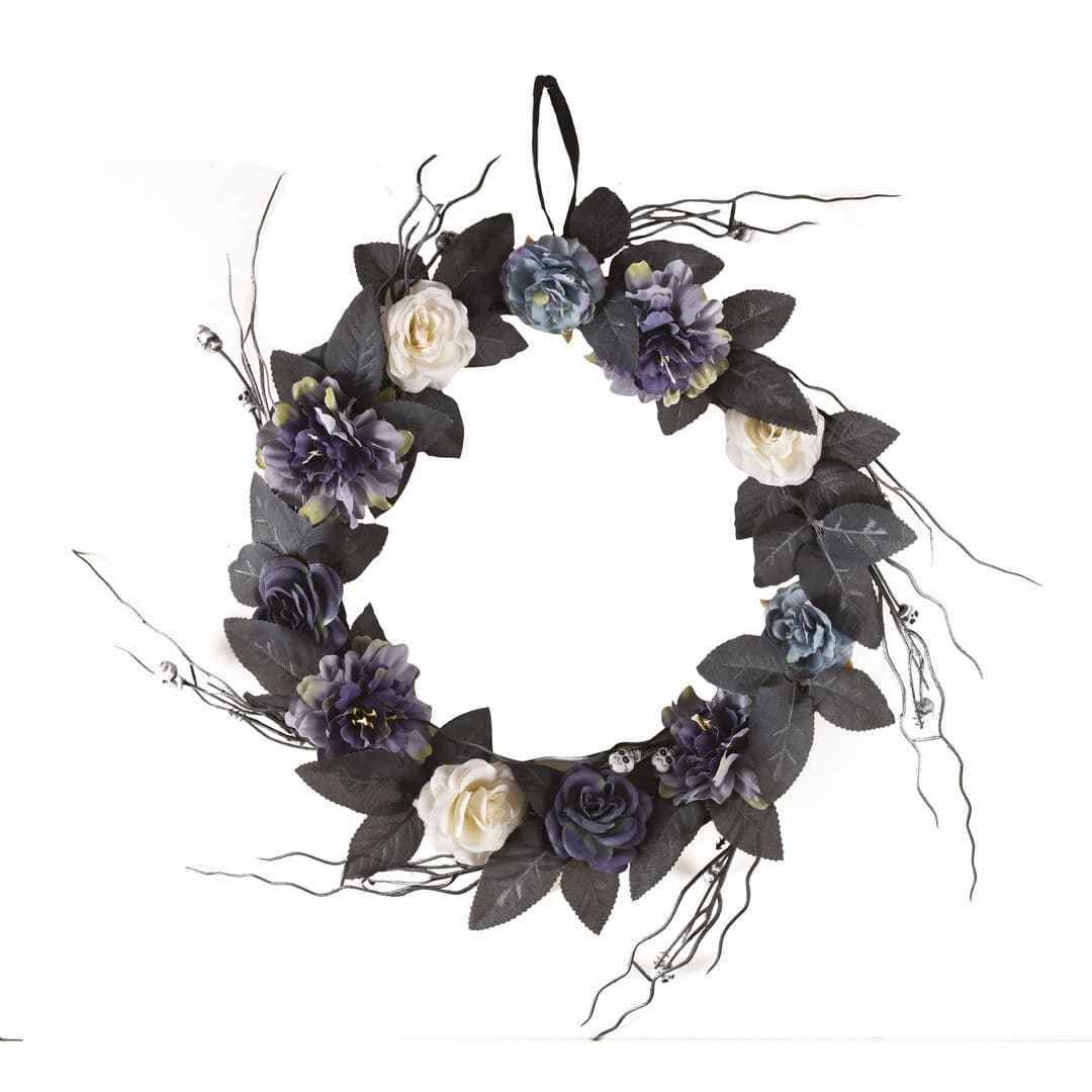 Couronne de porte halloween - petites fleurs et mini crânes - gris
