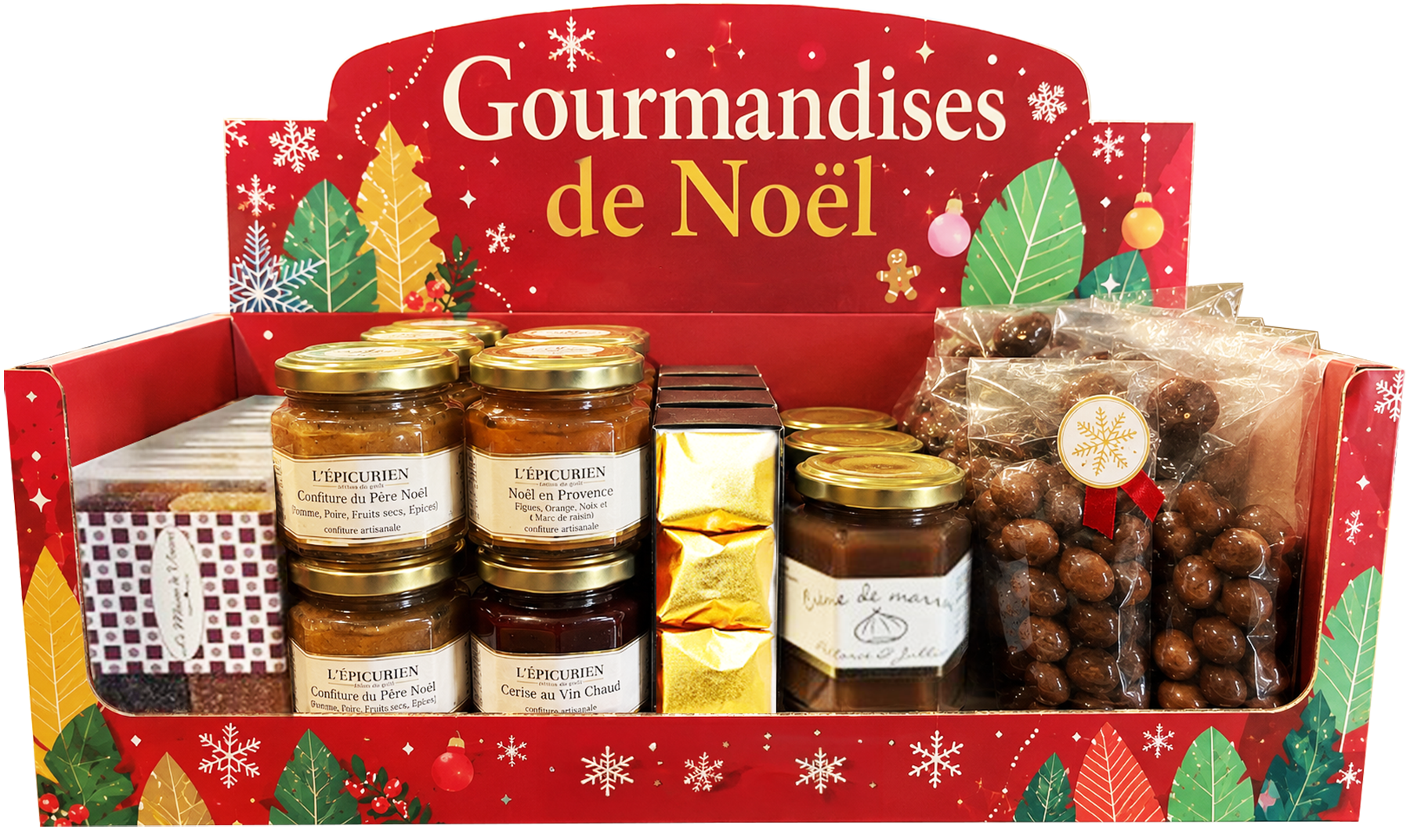 Présentoir « Gourmandises de Noël » – 37 produits de confiserie prêts à vendre