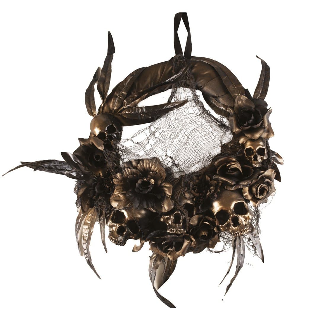 Couronne de porte halloween - fleurs et crânes - noir et doré
