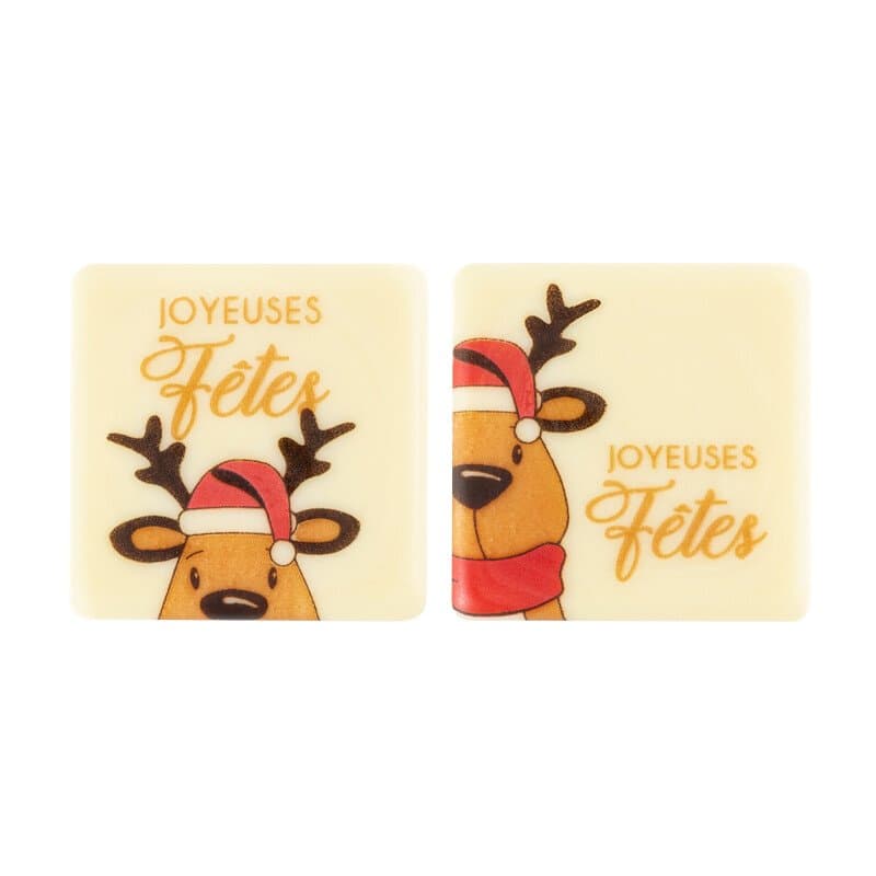 Carré chocolat blanc renne joyeuses fêtes 3,8x3,8cm