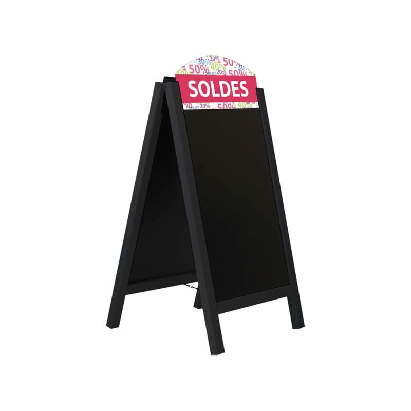 Chevalet stop trottoir cadre bois noir avec ardoises amovibles et bandeaux "soldes"