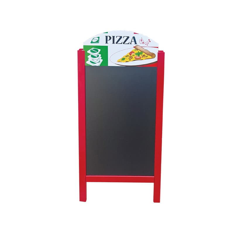 Chevalet stop trottoir cadre bois rouge vin avec ardoises amovibles et bandeaux "pizza"