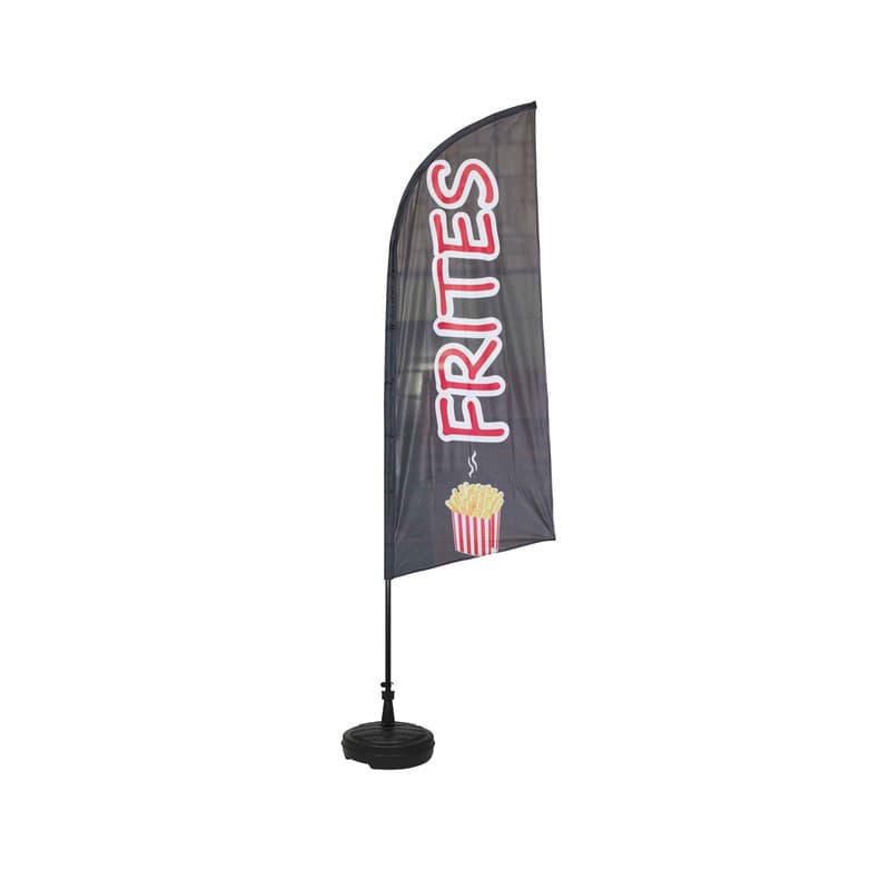 Drapeau "frites" (noir) de dimensions 225 x 85 cm avec son kit socle plastique et mât