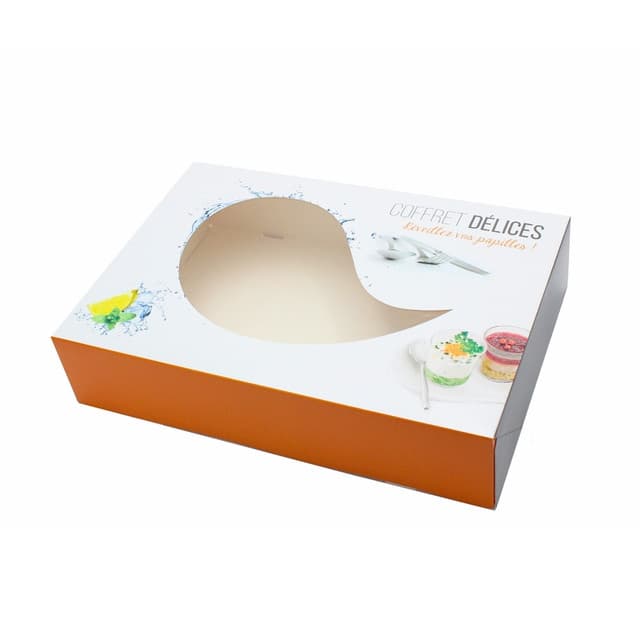 Coffret traiteur décor délices avec fenêtre 355x245x80mm par 100 pièces