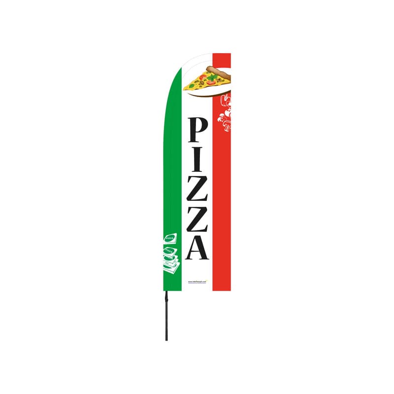 Drapeau publicitaire "pizza" de dimensions 263 x 75 cm avec mât