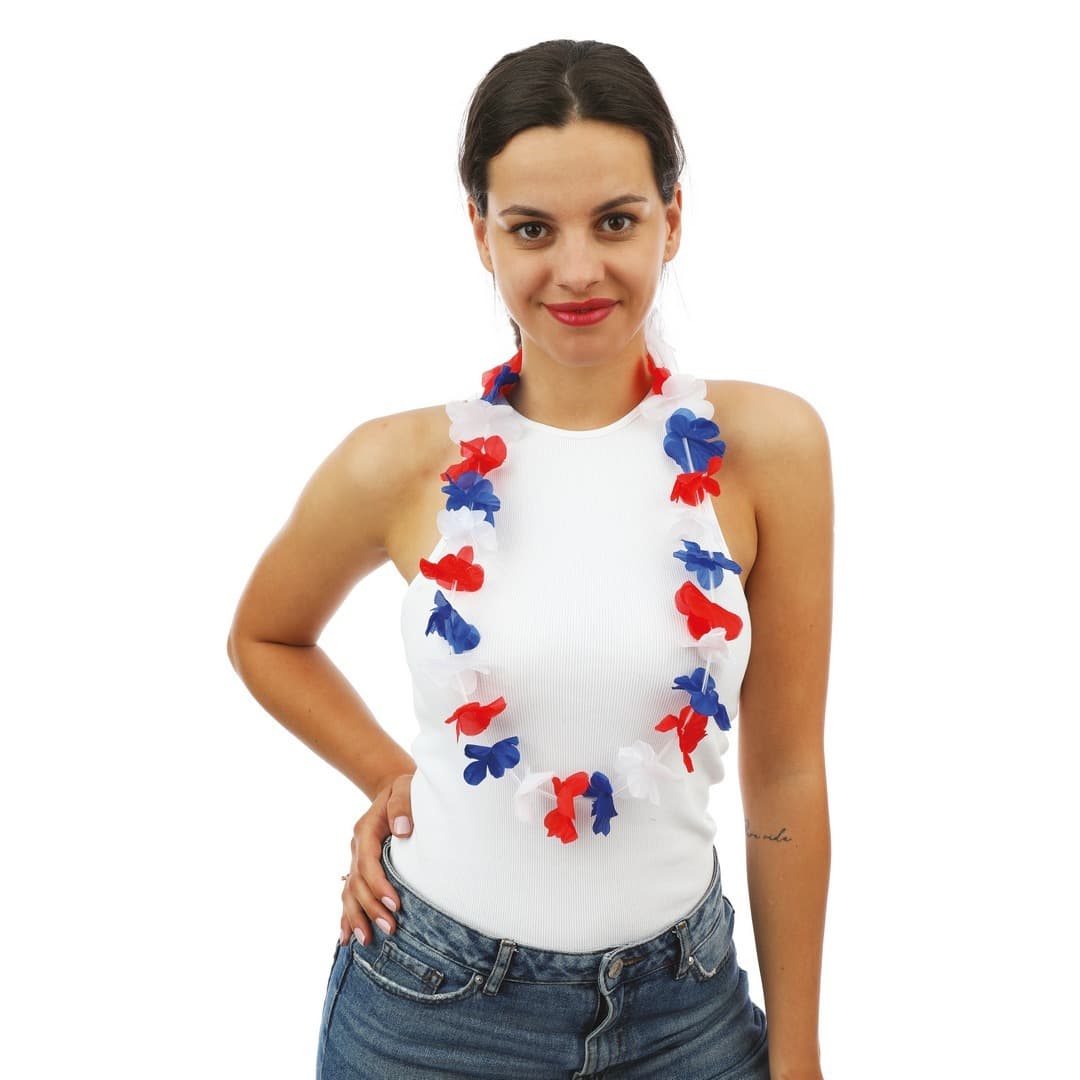 Collier hawaïen - bleu, blanc, rouge